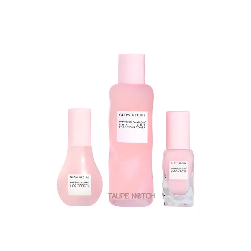 Glow Recipe Watermelon Glow Icons skincare bottles set, three pink and clear containers