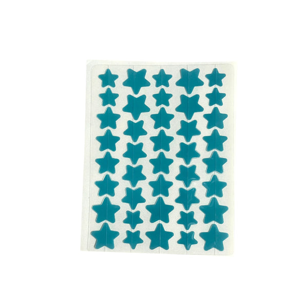 Turquoise star-shaped acne patches sheet with multiple small stars