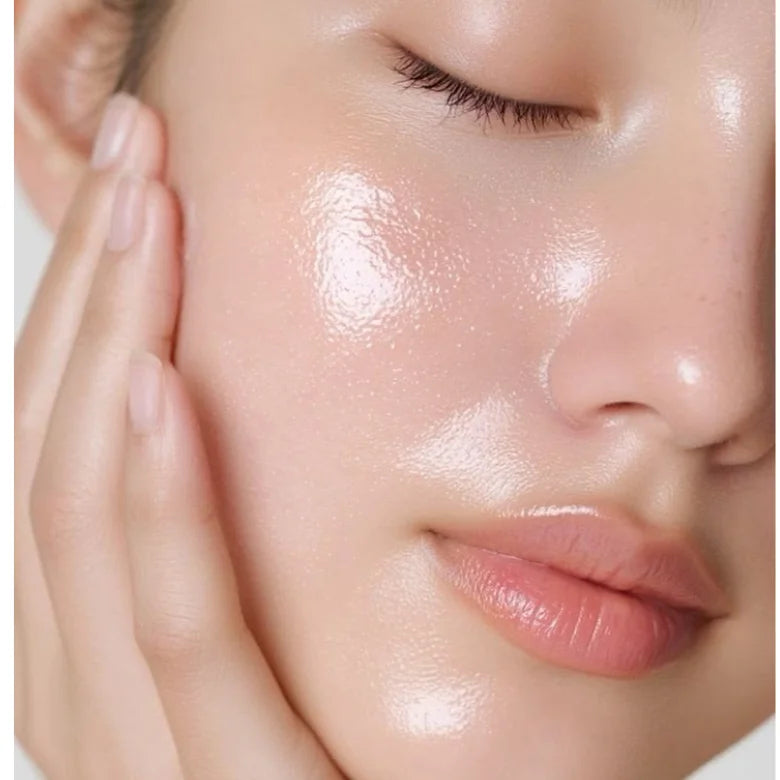 Glowing facial skin with glossy lip sheen and hand near cheek