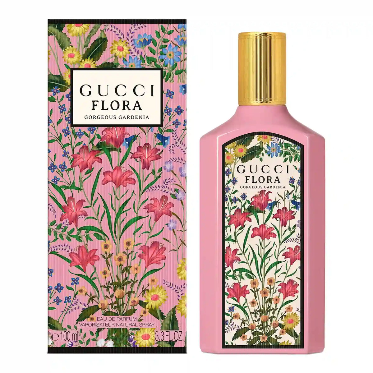 Gucci Flora perfume bottle and packaging with floral design on a white background