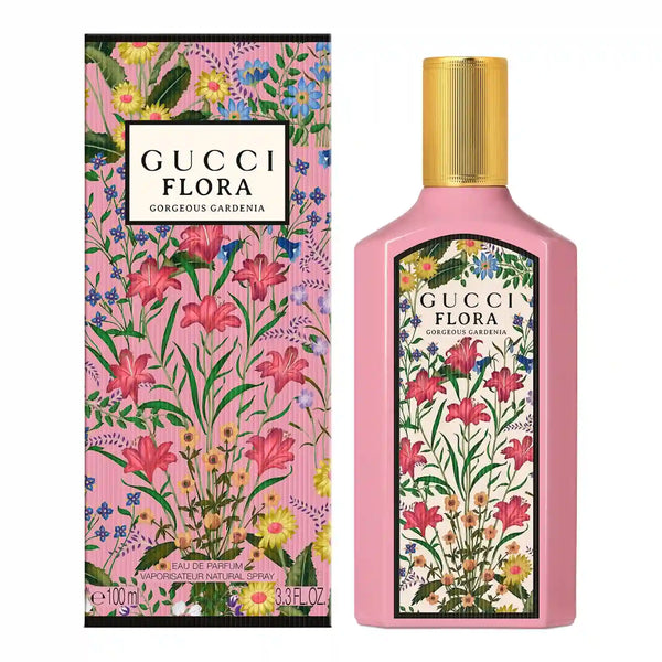 Gucci Flora perfume bottle and packaging with floral design on a white background