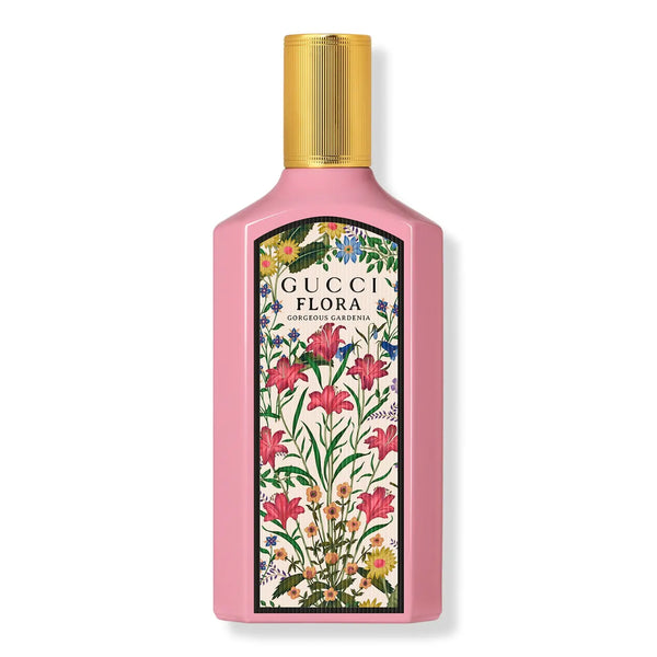Gucci Flora perfume bottle with floral design on a white background