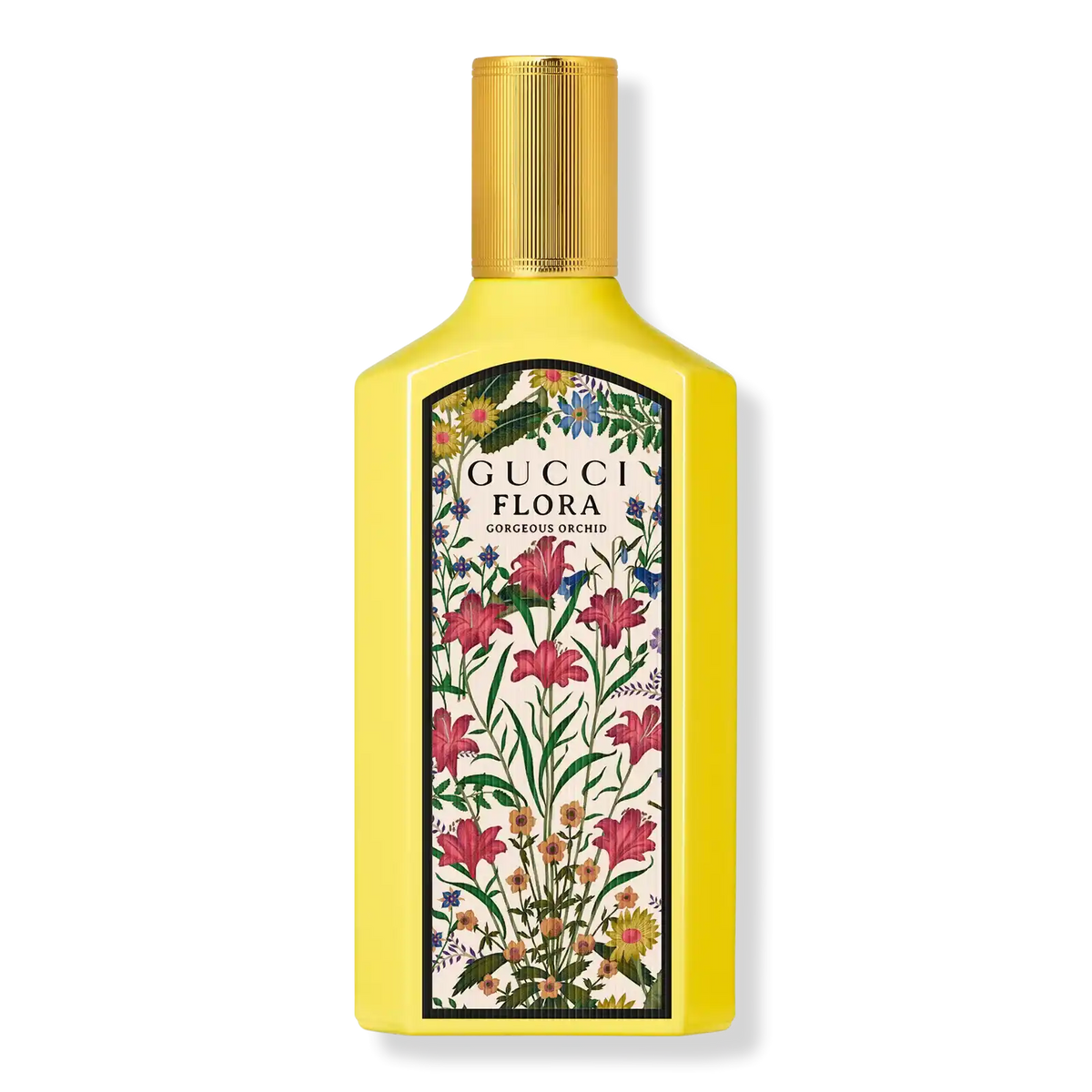 Gucci Flora Gorgeous Orchid EDP bottle with gold cap and floral botanical label