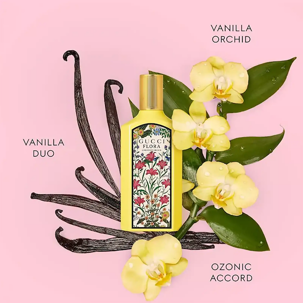 Floral EDP perfume bottle with gold cap, beside orchids, green leaves, and vanilla pods