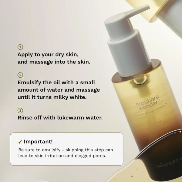 Moisture cleansing oil pump bottle, amber gradient label and white dispenser top