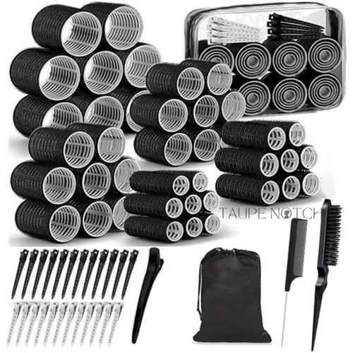 Hair curling roller set with black cylinders, gray inserts, clips, and storage bag