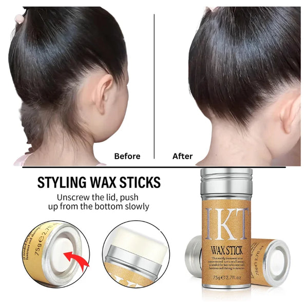 IKT hair wax stick with before-and-after hair styling and unscrew usage view
