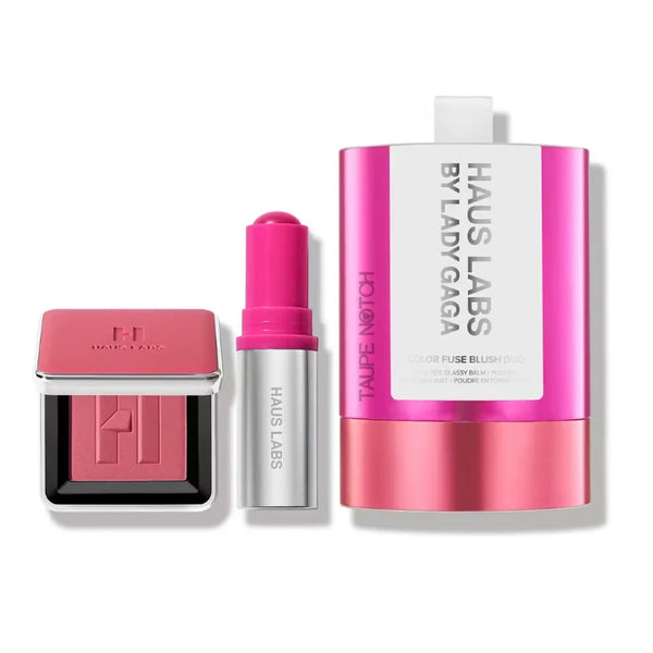 Blush duo set with pink compact, balm stick, and glassy balm bottle