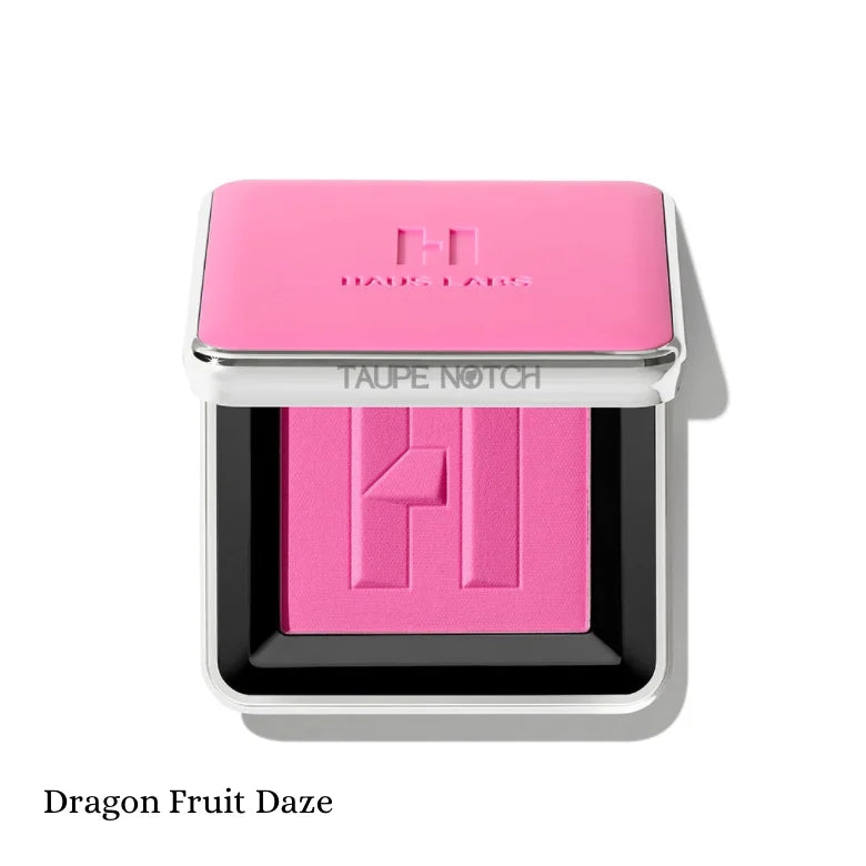 Haus Labs Color Fuse Blush Powder in Dragon Fruit Daze – open compact showing vivid hot pink matte pressed blush with embossed HL logo on white background