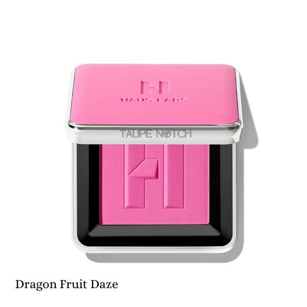 Blush powder compact in bright pink shade, embossed logo on lid and pan