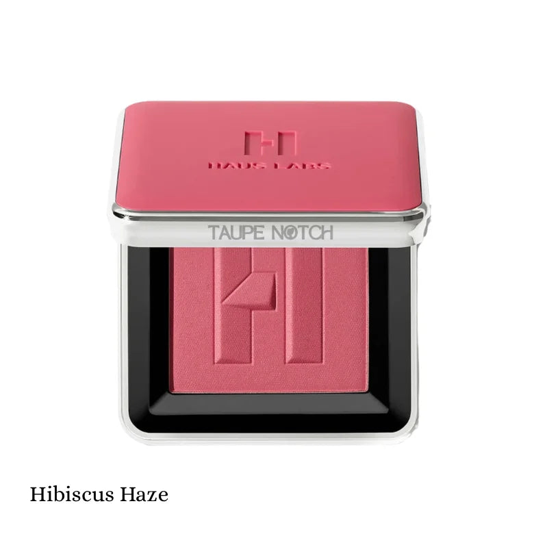 Haus Labs Color Fuse Blush Powder in Hibiscus Haze – open compact showing warm rose-pink matte pressed blush with embossed HL logo on white background