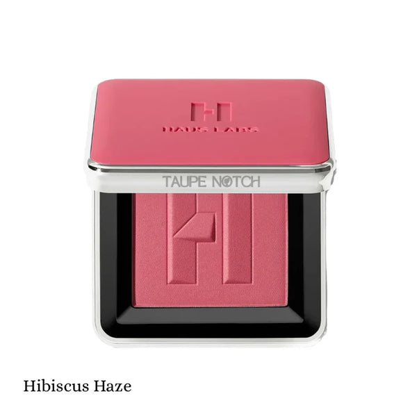 Blush powder compact in rosy pink shade, embossed logo on lid and pan