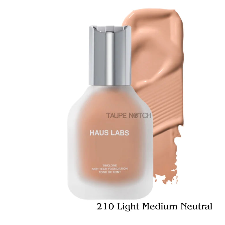 Haus Labs Triclone Skin Tech Foundation bottle with 210 Light Medium Neutral swatch
