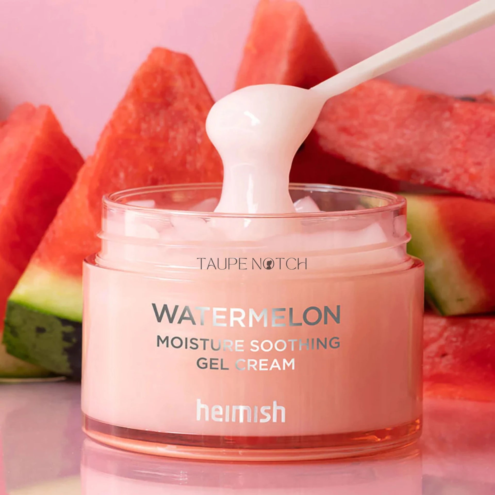 Watermelon gel cream jar with white gel scoop, pink translucent tub and heimish label