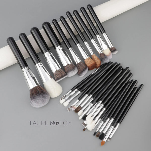 Shein 30-piece professional makeup brush set with black handles, silver ferrules, soft bristles.