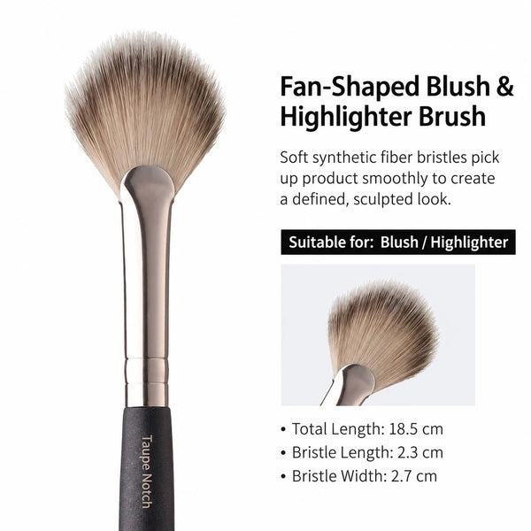 Fan-shaped blush and highlighter brush with fan bristles and silver ferrule on black handle
