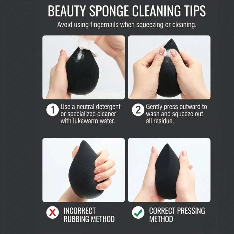 Teardrop beauty blender sponge in cleaning-use graphic, dark gray.