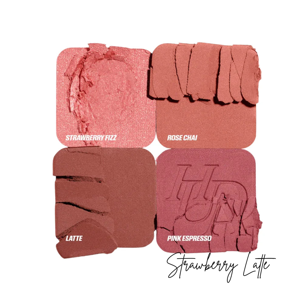 Blush shade swatches with four rose and latte tones, including strawberry fizz and pink espresso