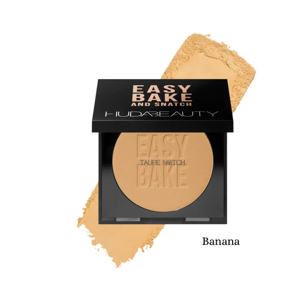 Pressed powder compact by Huda Beauty in black case, light yellow-beige shade (Banana)