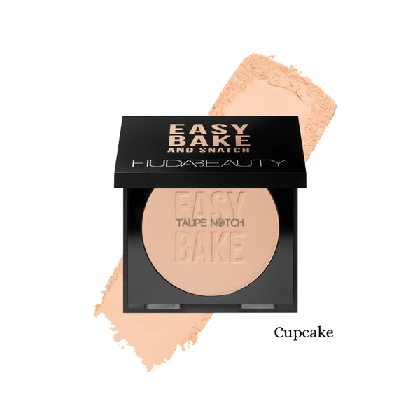 Pressed powder compact by Huda Beauty in black case, light peach shade (Cupcake)