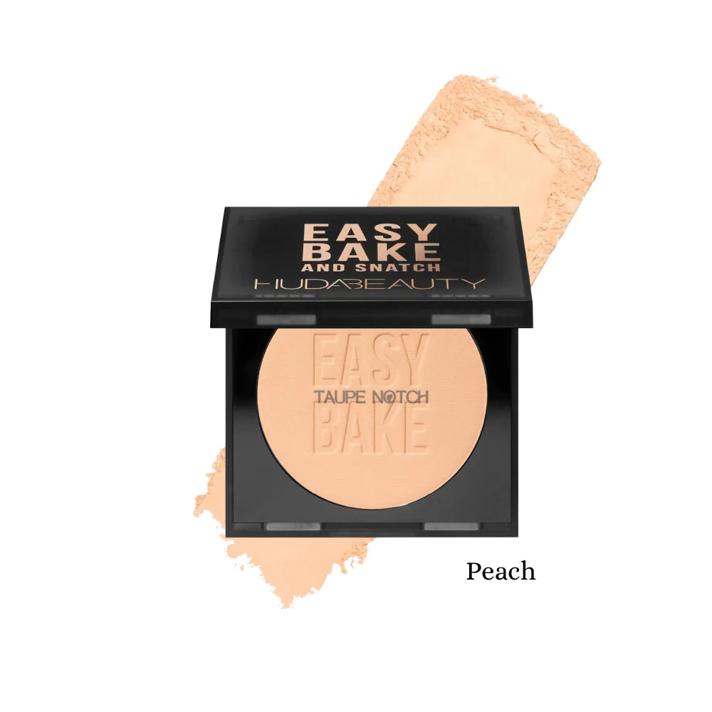 Pressed powder compact by Huda Beauty in black case, peach tone shade (Peach)