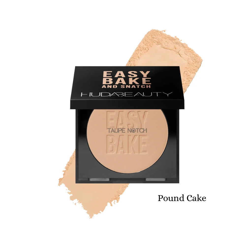 Pressed powder compact by Huda Beauty in black case, warm beige shade (Pound Cake)