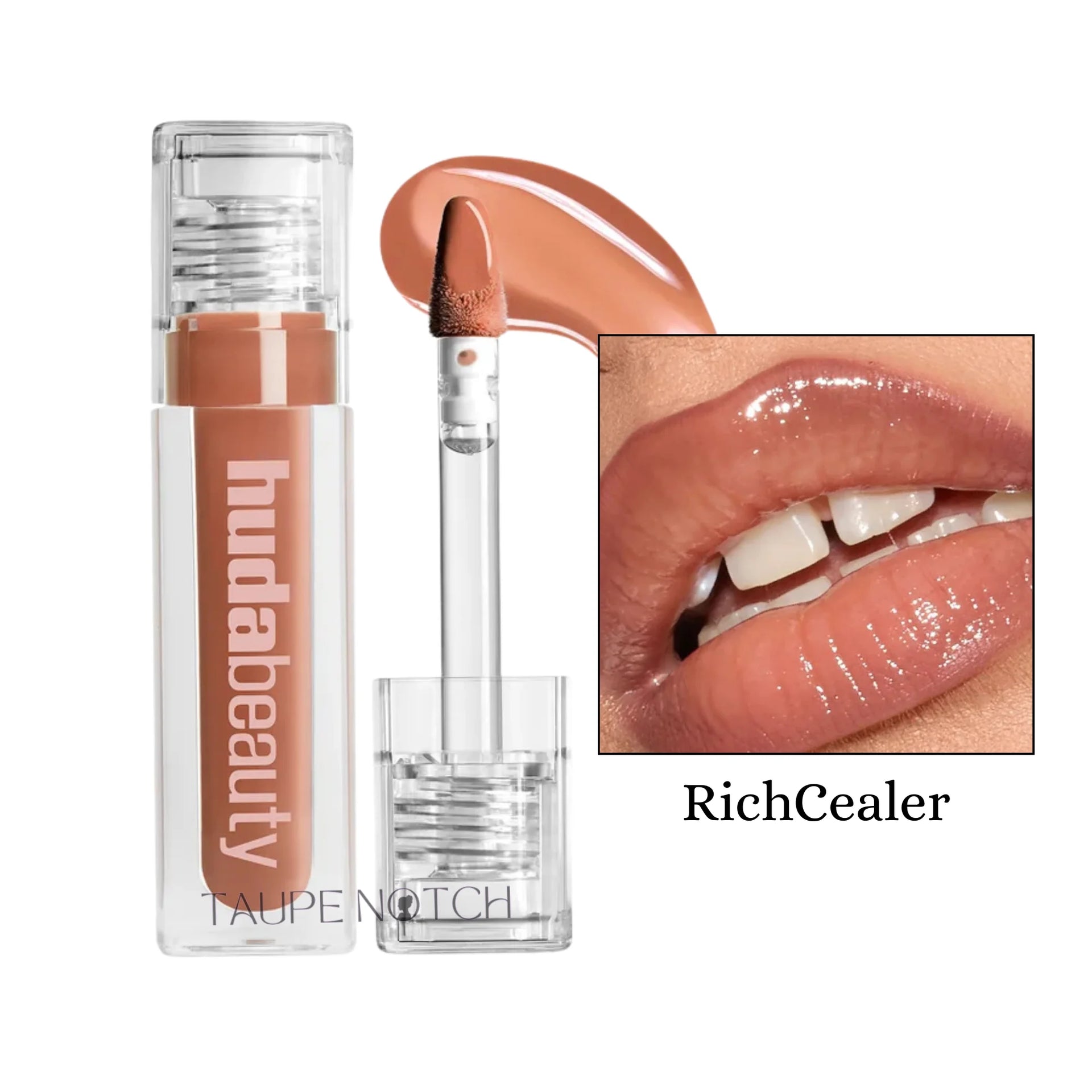 RichCealer lip gloss in clear tube, glossy rich caramel nude