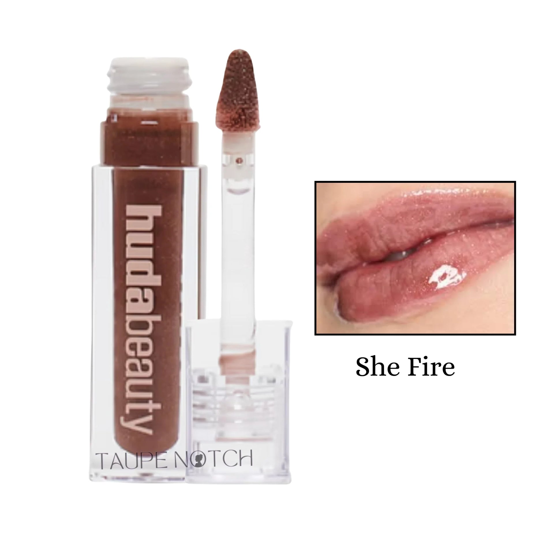 She Fire lip gloss in clear tube, glossy taupe-brown