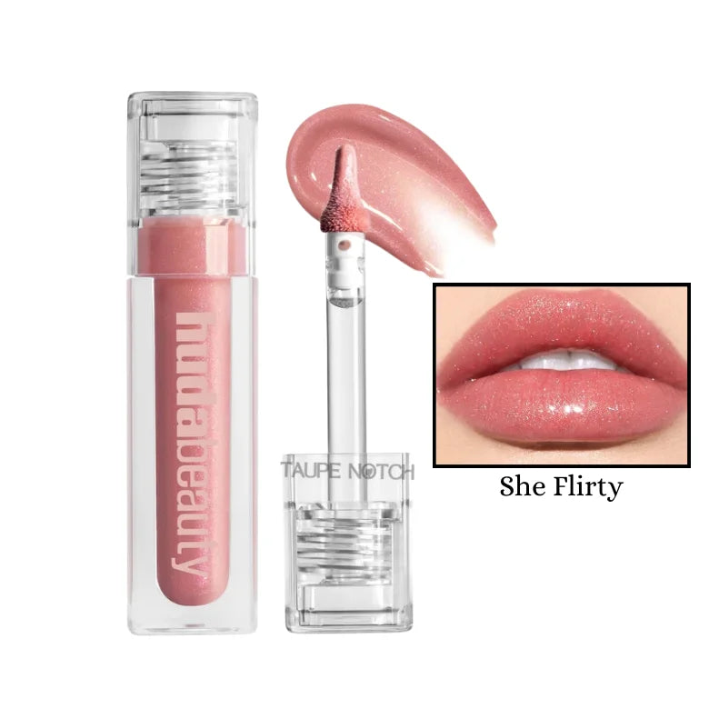 Rose-pink extra-shine lip gloss in clear tube with doe-foot applicator.