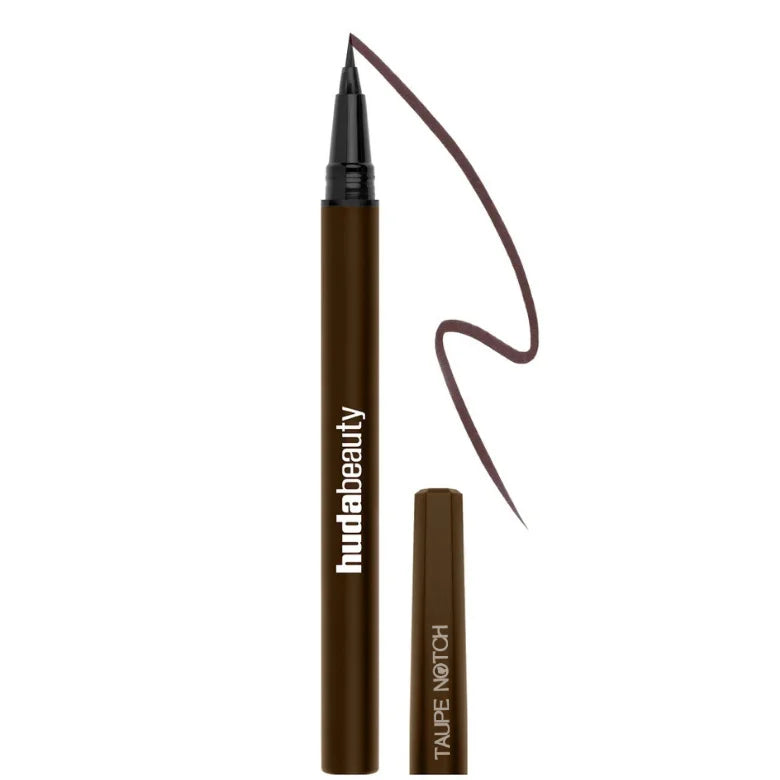 Liquid eye liner with precision tip, taupe-brown pen and winged swatch line