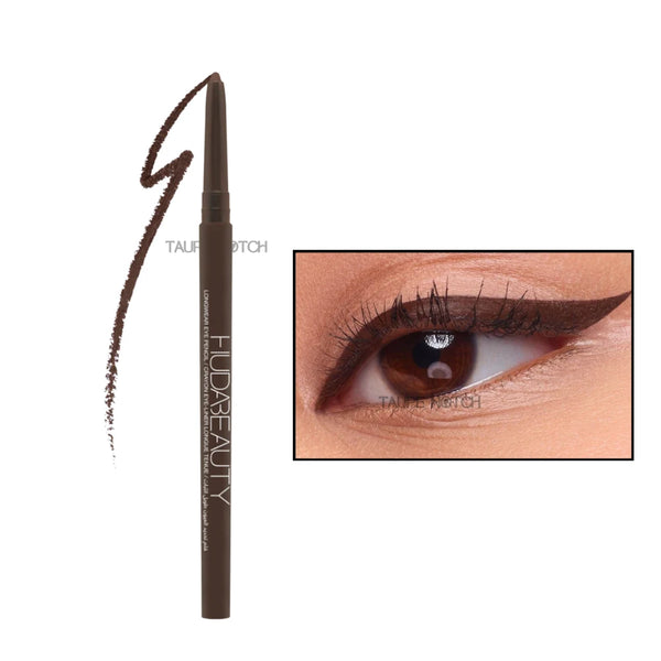 Longwear kohl eye pencil, dark brown, with wing swatch and eye close-up inset
