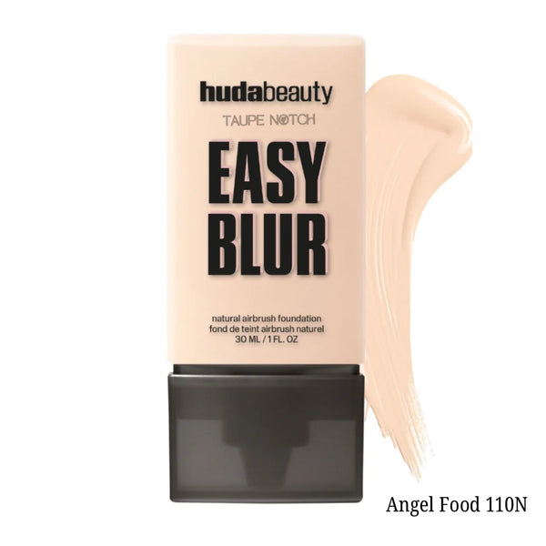 Huda Beauty Easy Blur foundation Angel Food 110N, with light beige swatch