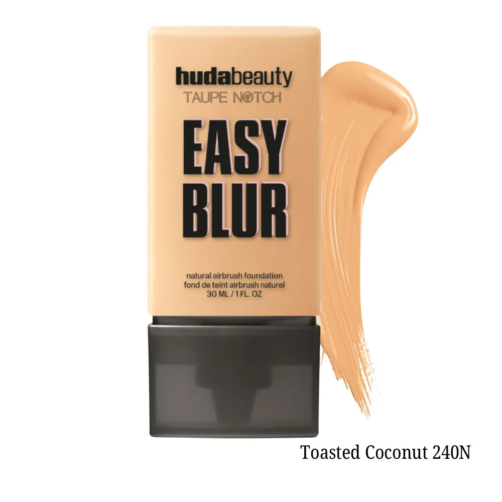 Huda Beauty Easy Blur foundation Toasted Coconut 240N, with deep tan swatch