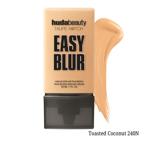 Huda Beauty Easy Blur foundation Toasted Coconut 240N, with deep tan swatch
