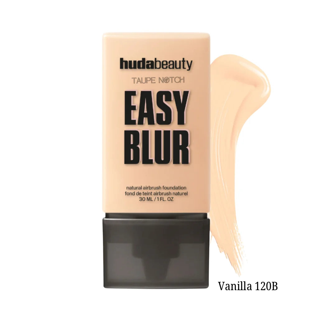 Huda Beauty Easy Blur foundation Vanilla 120B, with light tan swatch