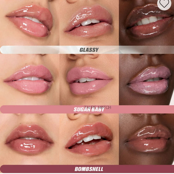 Huda Beauty lip gloss trio swatches on lips: GLASSY, SUGAR BABY, BOMBSHELL