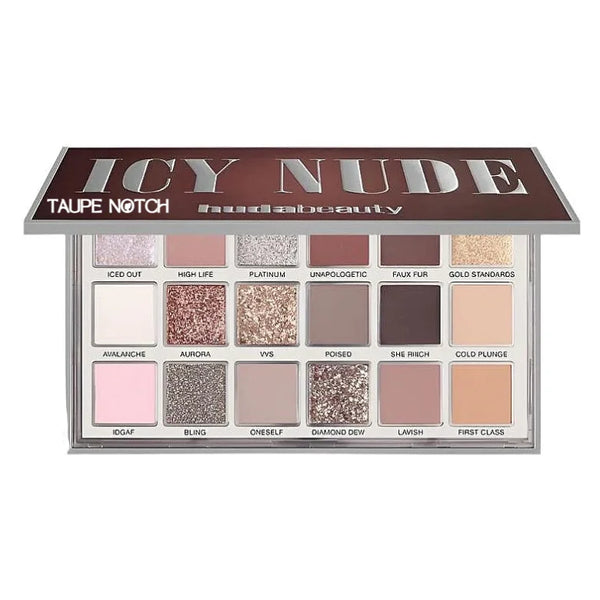 Eyeshadow palette with taupe, nude, and shimmer shades in a clear case