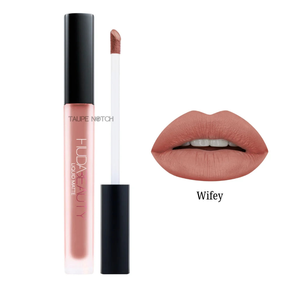 Matte liquid lipstick shade Wifey, warm nude applicator and lip swatch
