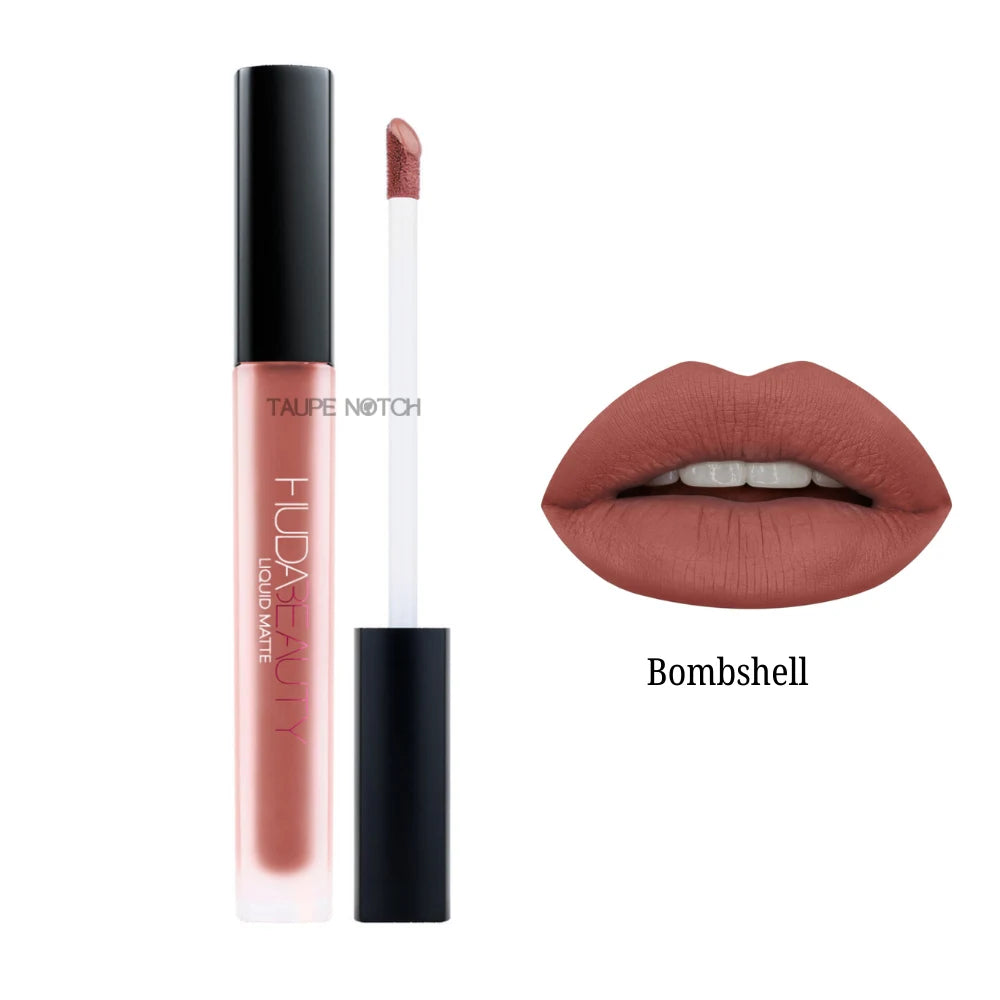 Matte liquid lipstick shade Bombshell, terracotta rose applicator and lip swatch