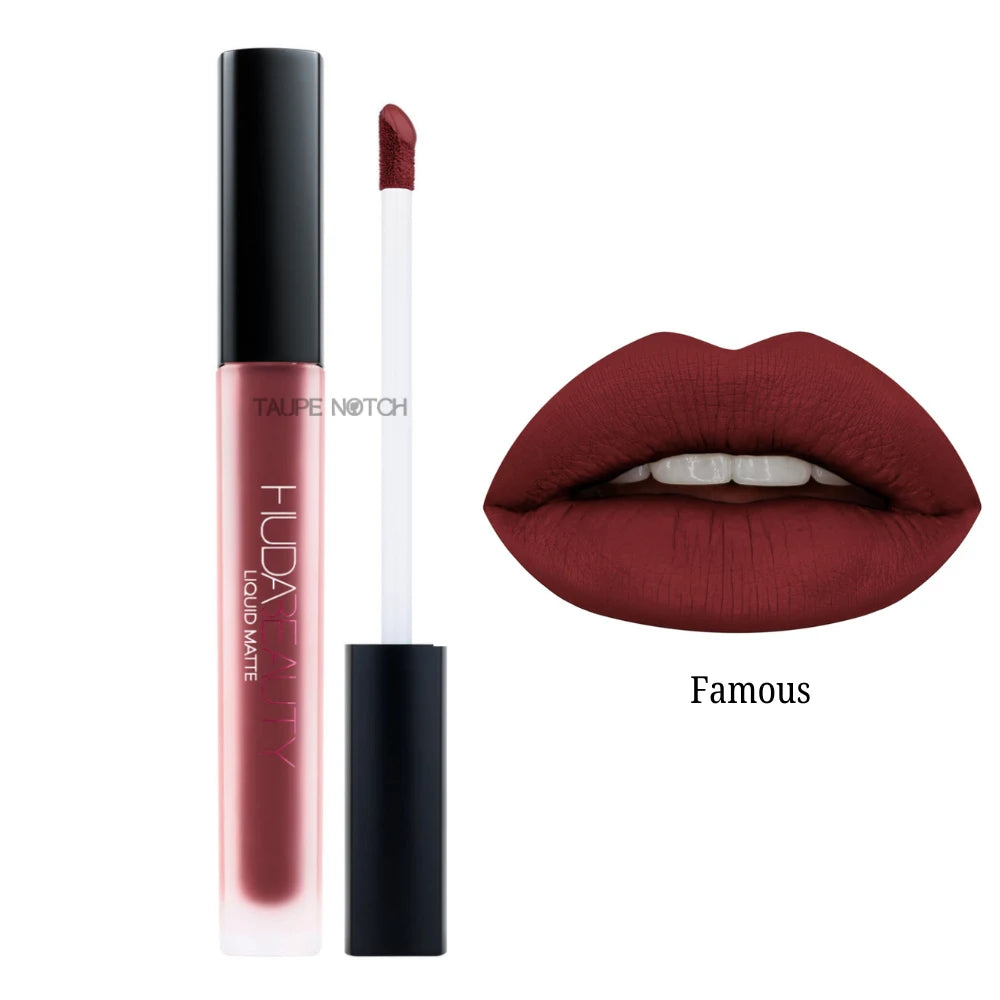 Matte liquid lipstick shade Famous, deep burgundy applicator and lip swatch