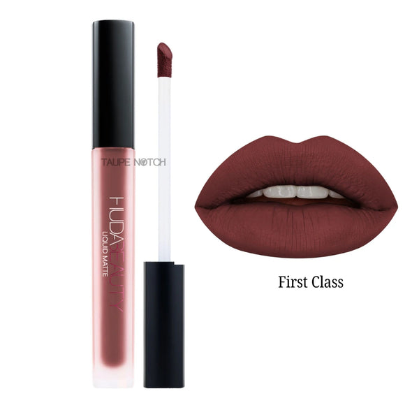 Matte liquid lipstick shade First Class, warm dark rose applicator and lip swatch