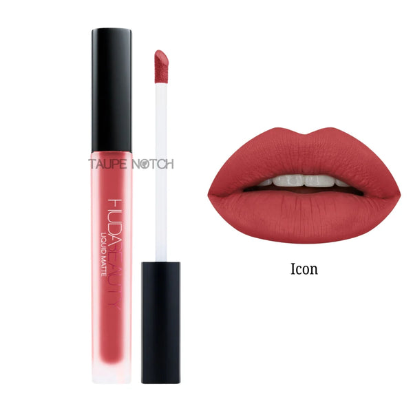 Matte liquid lipstick shade Icon, deep red applicator and lip swatch
