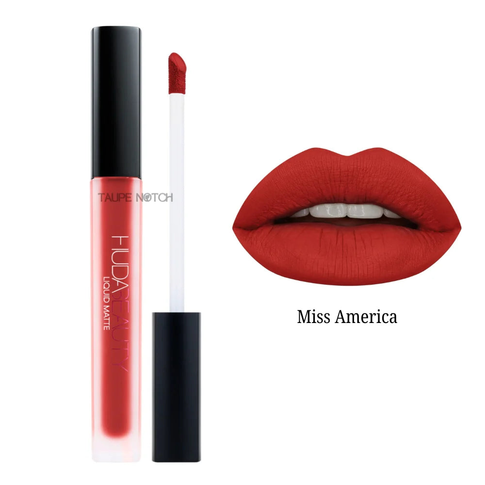 Matte liquid lipstick shade Miss America, bold red applicator and lip swatch