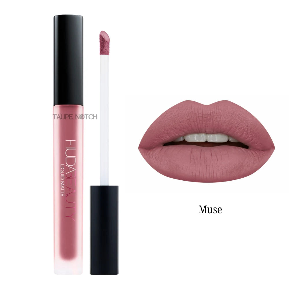 Matte liquid lipstick shade Muse, dusty mauve applicator and lip swatch