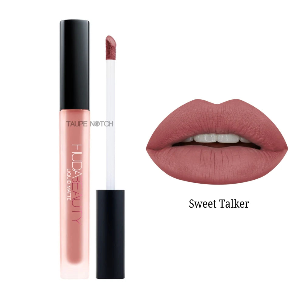 Matte liquid lipstick shade Sweet Talker, mauve nude applicator and lip swatch