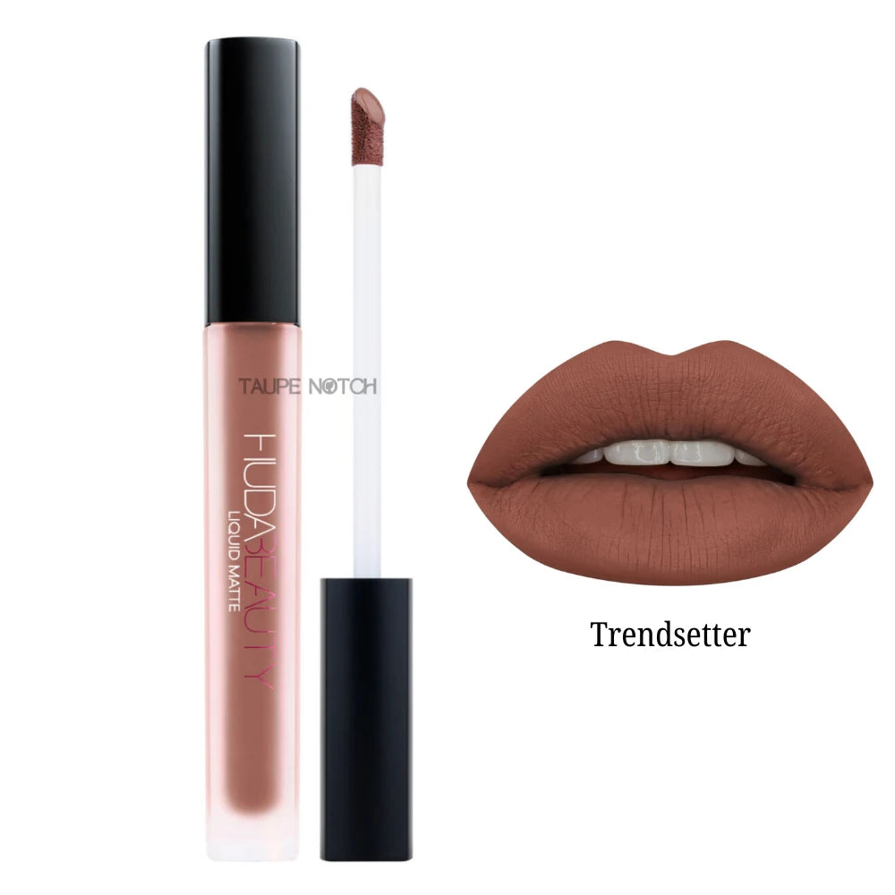 Matte liquid lipstick shade Trendsetter, rose brown applicator and lip swatch