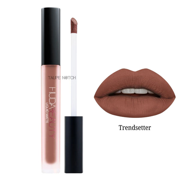 Matte liquid lipstick shade Trendsetter, rose brown applicator and lip swatch