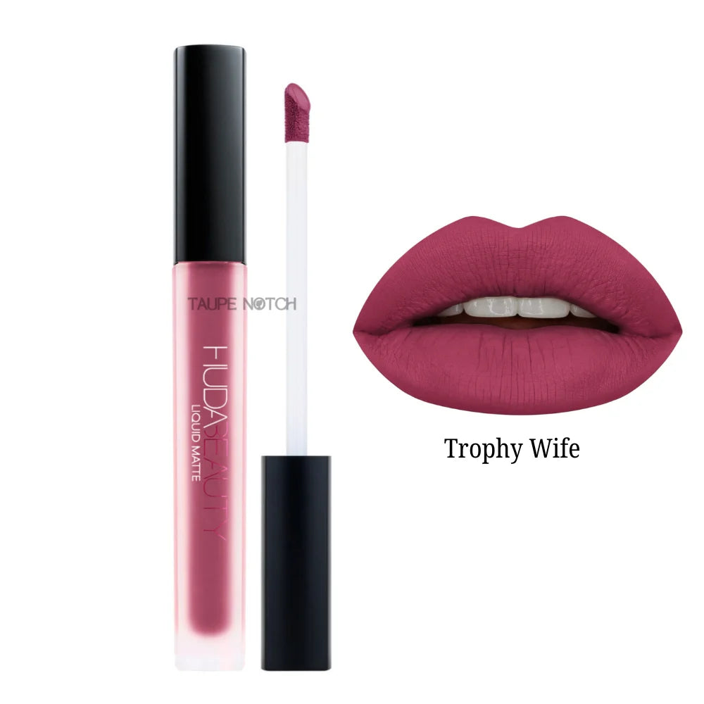Matte liquid lipstick shade Trophy Wife, plum mauve applicator and lip swatch