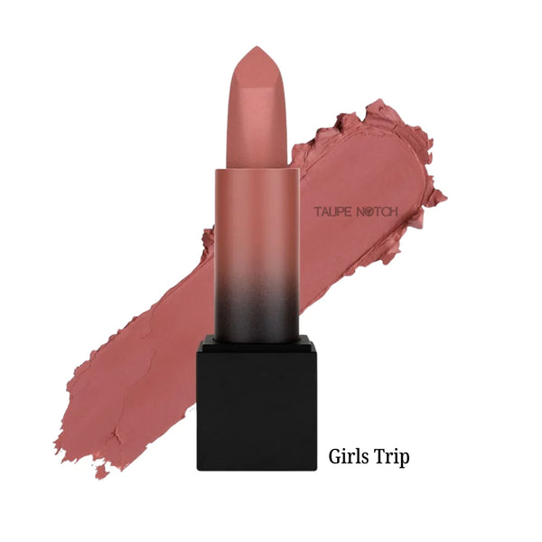Matte dusty rose lipstick with bullet tip and black base