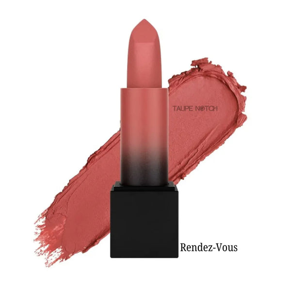 Matte lipstick bullet with dusty rose-brown shade on lip swatch, “Rendez-Vous” label